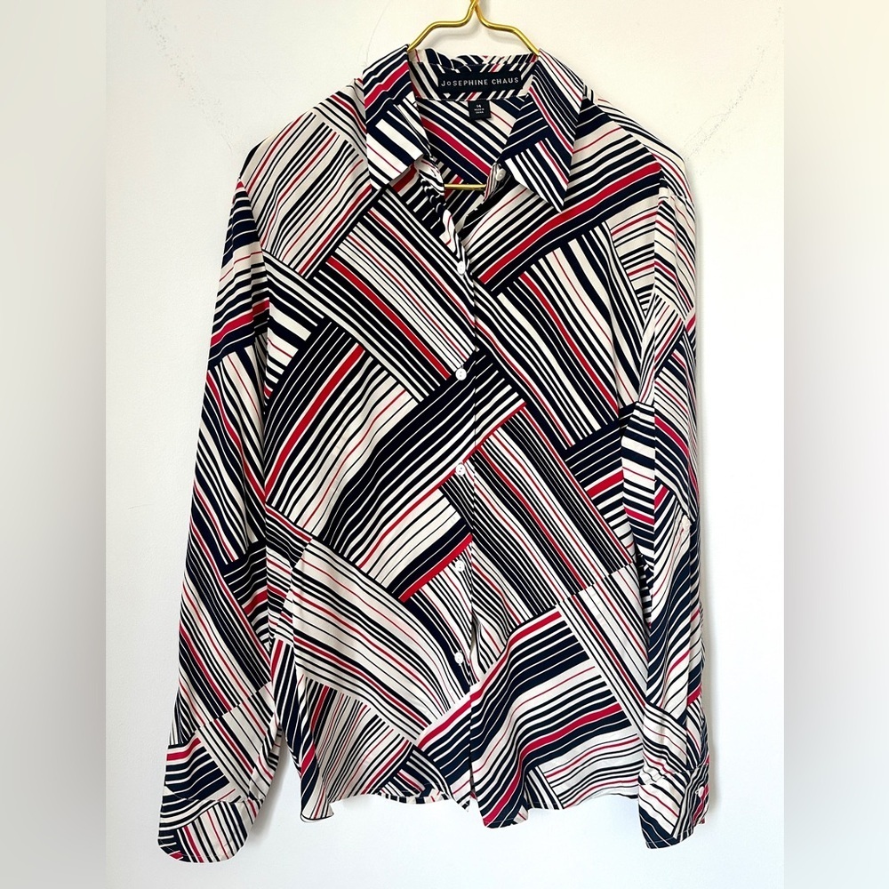 Vintage Josephine Chaus Blue Red Abstract Striped Silk Button Up Blouse 14 FLAW